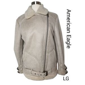 American Eagle Women's Jacket Lg Faux Suede Sherpa Belted Zip Moto Coat Lg NWOT